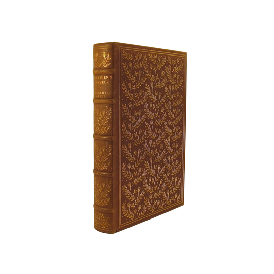 Leatherbound edition of Gulliver's Travels by Jonathan Swift with intricate cover detailing, available exclusively at Kadri Books.