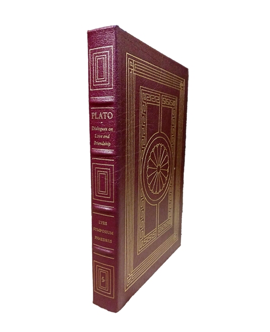 Leather-bound edition of Plato's 'Dialogues on Love and Friendship' with gold accents, displayed at Kadri Books