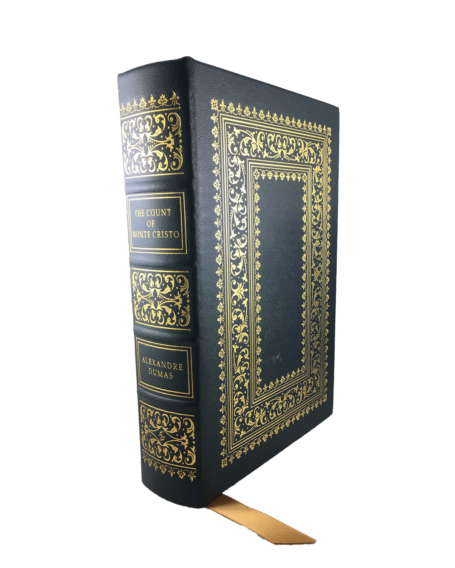 The Count of Monte Cristo by Alexandre Dumas, luxury leatherbound edition with intricate gold detailing on the cover and spine, featuring a ribbon bookmark, perfect for collectors and classic literature enthusiasts.