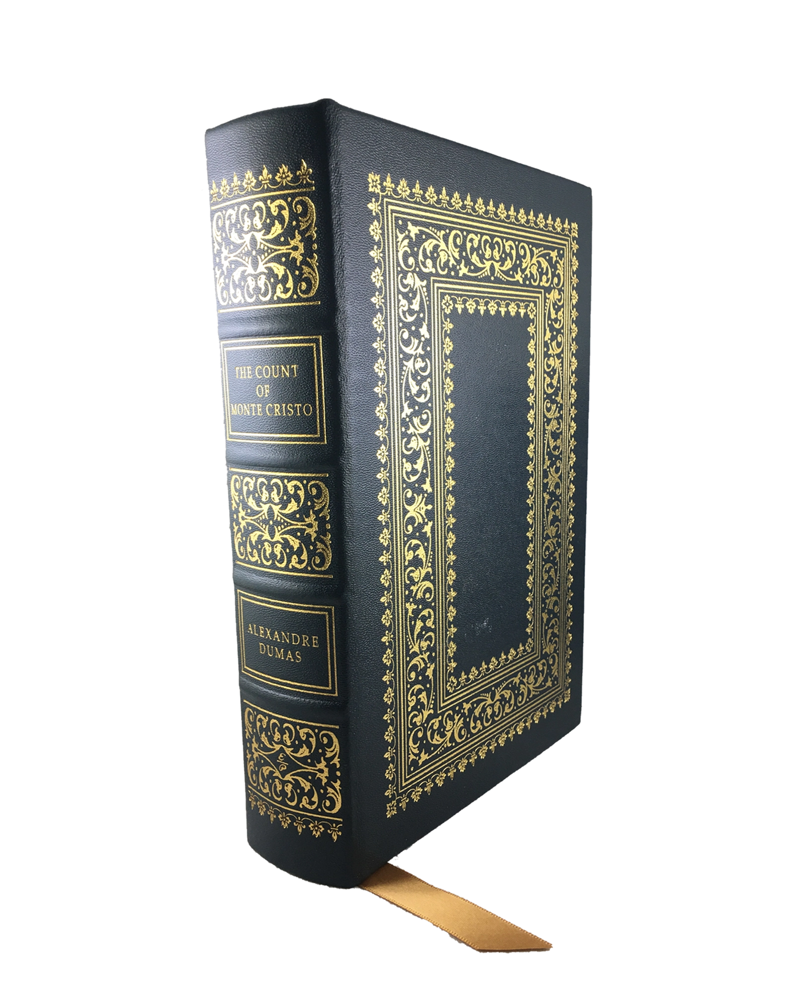 The Count of Monte Cristo by Alexandre Dumas, luxury leatherbound edition with intricate gold detailing on the cover and spine, featuring a ribbon bookmark, perfect for collectors and classic literature enthusiasts.
