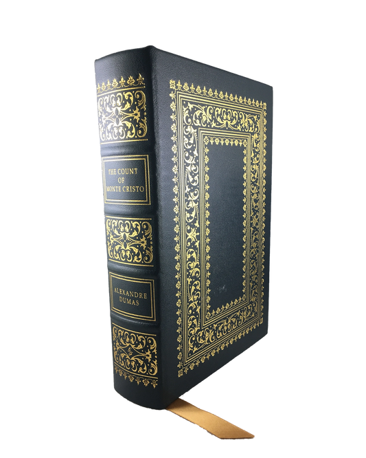 The Count of Monte Cristo by Alexandre Dumas, luxury leatherbound edition with intricate gold detailing on the cover and spine, featuring a ribbon bookmark, perfect for collectors and classic literature enthusiasts.